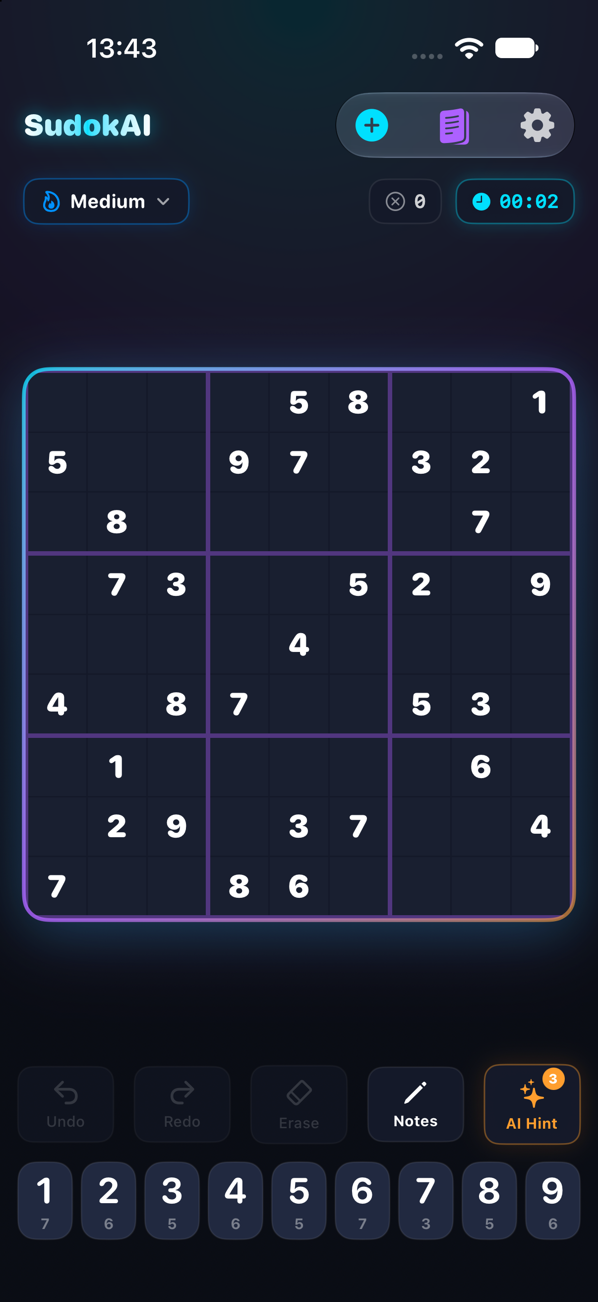 SudokAI op iPhone met cyber neon thema